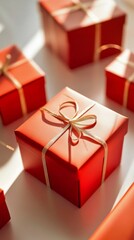Obraz premium Close-up, red Christmas gift boxes of varying sizes. Elegant golden ribbons gracefully wrap around the side of boxes.