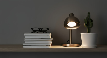 Cozy Reading Nook: Books, Desk Lamp, Cactus, and Glasses on a Shelf