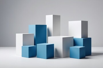 several blue and white boxes stacked on top of each other