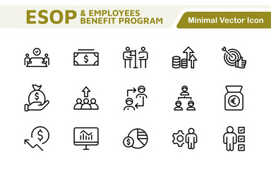 Outline icons about ESOP employee stock ownership plan. Contains such icons as company, win-win, scheme and benefits.