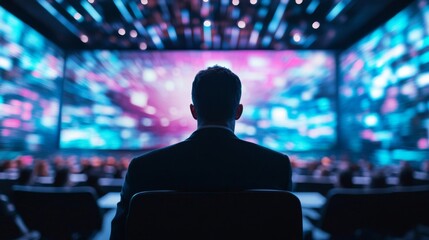 Man in Suit Facing Large Screen with Blurred Lights
