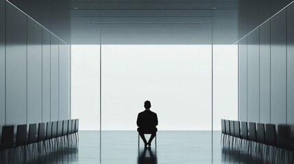 Fototapeta premium Silhouette of a Man Sitting on a Chair in a Minimalist Room