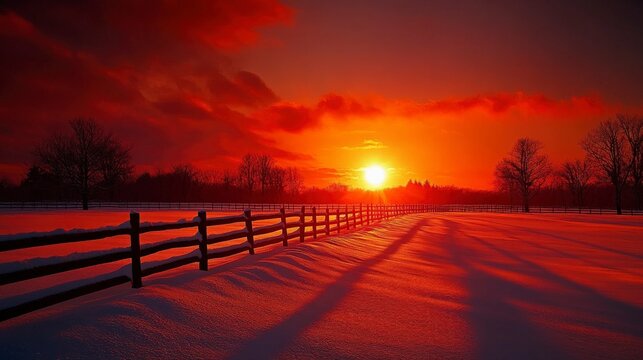 Breathtaking Winter Sunset Over Snowy Landscape with Fence and Tree Silhouettes Illuminated by Warm Orange and Red Sky