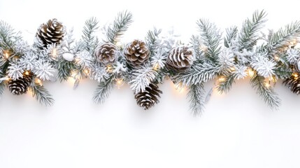 Christmas-themed vertical garland featuring frosted pinecones and twinkling lights, isolated on white