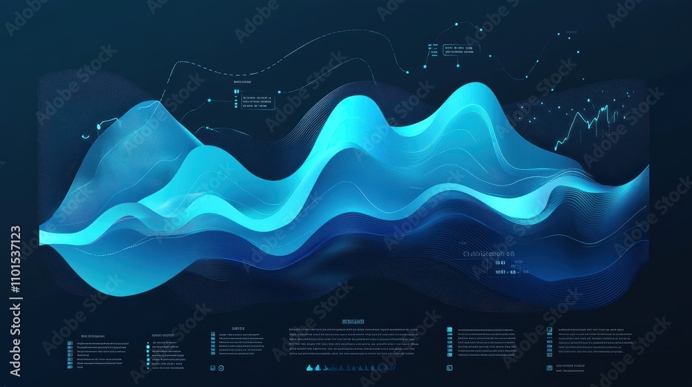 Poster abstract data visualization with flowing waves in blue tones, representing information dynamics.