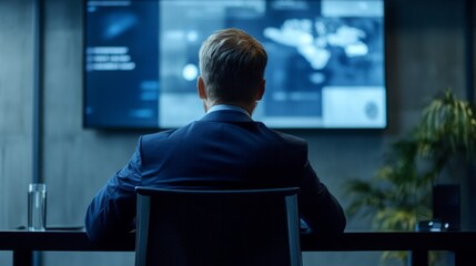 A Man in a Suit Sits Facing a Large Screen Displaying Data