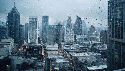 Fototapeta premium Urban Cityscape with Rain Droplets on Glass Capturing Rooftops and Skyscrapers 