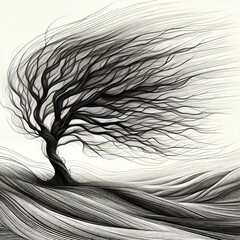 Obraz premium Windswept Tree A lone tree swaying in the wind branches rendered