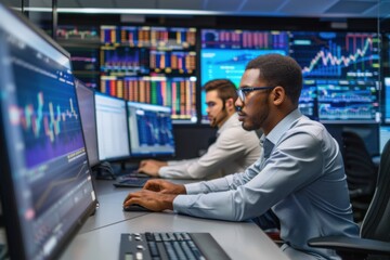 A vibrant image of a team of financial analysts working on stock market data in a modern trading room, The room is equipped with large screens displaying live market trends, sophisticated software