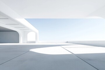 Fototapeta premium White minimalist building structure. Empty space with concrete floor. Modern architecture design. Spacious car park. Future garage style. Clear sky. Perfect mockup for product presentation. Ideal for