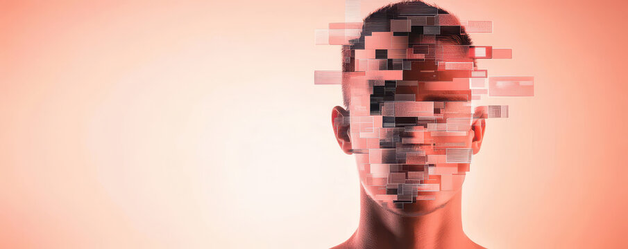 Abstract representation of identity with fragmented digital elements, showcasing human face merging with technology, evoking sense of transformation and modernity