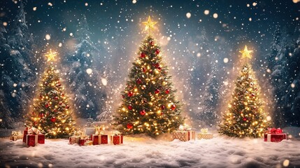 Festive Christmas trees glowing amidst a snowy winter wonderland under a starry night sky.