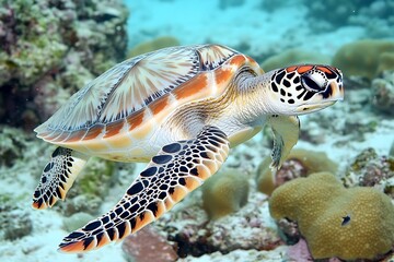 A green sea turtle gracefully glides through the turquoise waters of a coral reef, its shell and flippers adorned with intricate patterns, a testament to the beauty of the underwater world.
