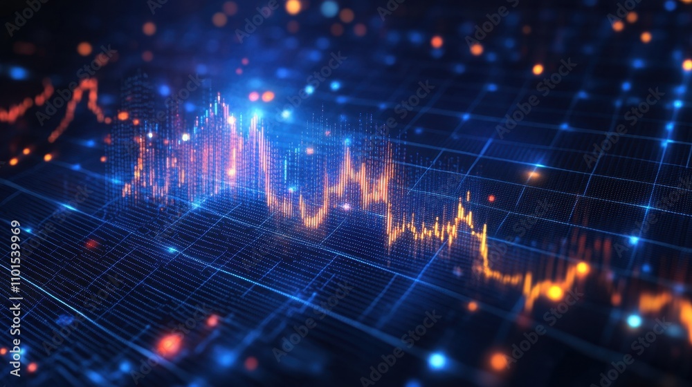 Poster abstract visualization of data trends with glowing lines and dots.