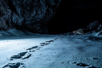 A snow leopard walks across a snowy landscape at night, leaving footprints in its wake near a dark cave.