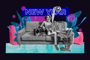 Composite 3d creative image collage of excited girl sit coach hold disco ball confetti neon new year banner barrel plant on dark background