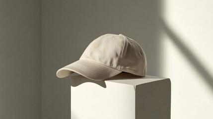 A detailed side view of a dad hat in beige