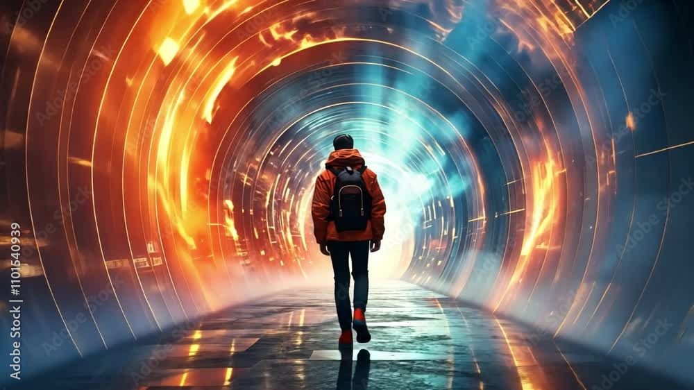 Aufkleber a figure in an orange jacket walks alone towards a glowing portal filled with fiery orange and cool 