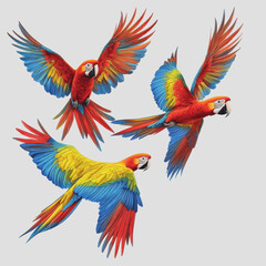 Fototapeta premium Colorful Macaws in Flight with Vibrant Feathers and Detailed Plumage Isolated on a Clean White Background for Artistic or Educational Use