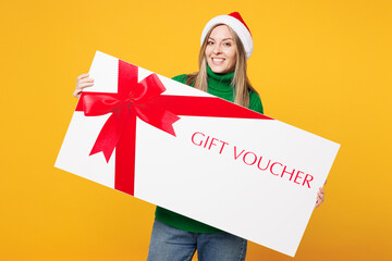 Merry young woman wears green sweater Santa hat posing hold big gift certificate coupon voucher...