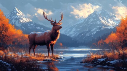 A majestic stag stands by a tranquil lake, surrounded by snow-capped mountains and autumn foliage.