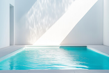 Fototapeta premium Minimalist swimming pool with bright blue water, close-up. In the background are stark white walls, contrast. Concept of a clean bold look