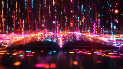 Open book with glowing particles and data streams flowing around, representing knowledge and information in a digital age with vibrant colors and light trails.