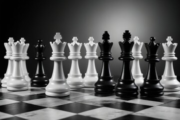chess pieces on a chess board with a black background