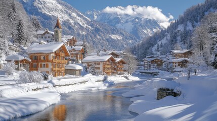 A picturesque winter village scene with snow-covered houses and mountains.
