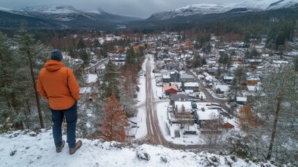 A person gazes over a snow-covered town surrounded by mountains under a cloudy sky.