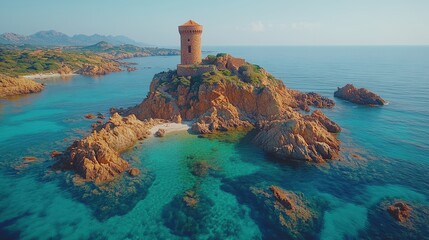 A scenic island with a tower surrounded by clear blue waters and rocky coastline.