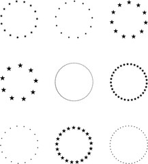 Stars of various sizes arranged in a circle. Round frame, border. Black star shape, simple symbol.  Black star shape, circular frame image