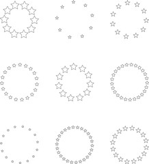 Stars of various sizes arranged in a circle. Round frame, border. Black star shape, simple symbol.  Black star shape, circular frame image