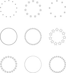 Stars of various sizes arranged in a circle. Round frame, border. Black star shape, simple symbol.  Black star shape, circular frame image