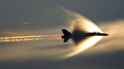 Stealth fighter jet breaking the sound barrier. Supersonic aircraft creating shockwaves. Concept of military aviation, aerospace technology, high-speed flight