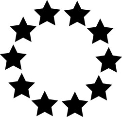 Stars of various sizes arranged in a circle. Round frame, border. Black star shape, simple symbol.  Black star shape, circular frame image