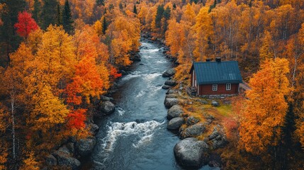 A serene autumn landscape featuring a cabin by a flowing river amidst colorful foliage.