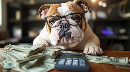 Portrait of a cute bulldog sitting at the desk with money and calculator.