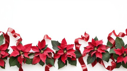 Vertical arrangement of poinsettias and red ribbons, forming a beautiful holiday decoration, on a white background