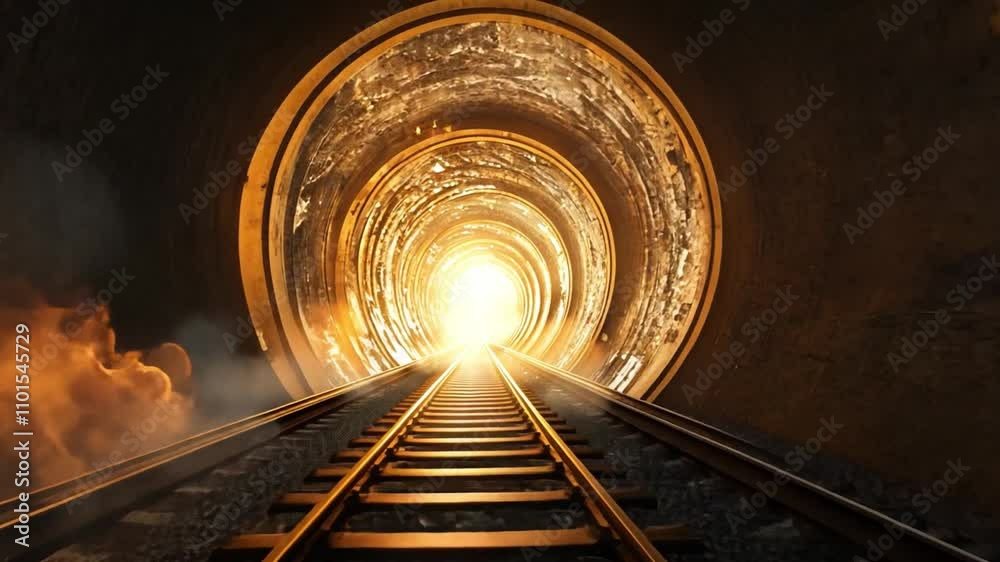 Leinwandbilder train tracks stretch towards a bright light at the end of a fiery tunnel, with smoke and flames crea