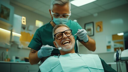 Dental professional performing a check-up on a smiling senior male patient in a modern dental clinic with proper protective gear, including gloves and mask.