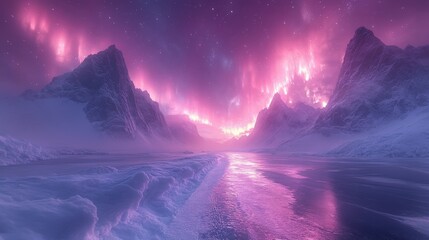 A serene landscape featuring mountains, a reflective water surface, and vibrant auroras.
