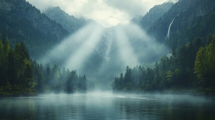 A serene mountain landscape with misty waters and dramatic lighting.