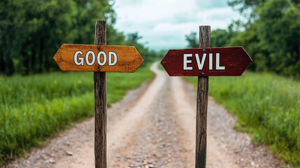 A tranquil dirt path diverges into two signposts labeled 'Good' and 'Evil', set against a backdrop of lush greenery and soft clouds.