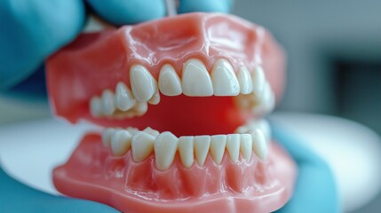 Obraz premium Close-up of a dental model with open jaws, showcasing realistic teeth and gums for dental education.