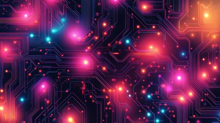 Abstract Neon Circuit Board Design With Glowing Lights