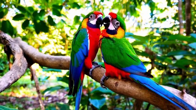 Two colorful parrots perched closely, illuminated by soft warm lighting, showcasing vibrant feathers and a close bond. 4k Video footage