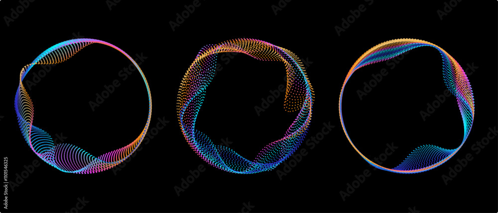 Poster Neon gradient curved waves in round shapes. Set of bright spinning circular borders. Vector collection of colorful glowing circular tech frames.