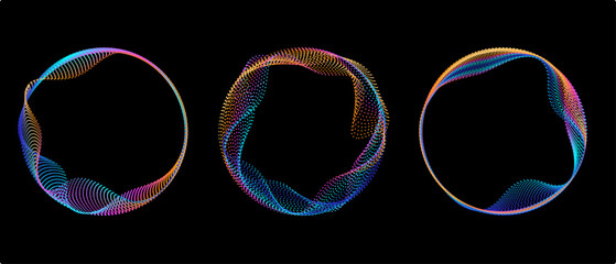 Neon gradient curved waves in round shapes. Set of bright spinning circular borders. Vector collection of colorful glowing circular tech frames.