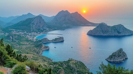 A serene sunset over a coastal landscape with mountains and calm waters.